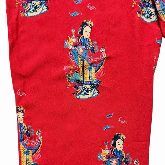 VINTAGE 90s HARARI RED SILK ASIAN PRINT ART TO WEAR PANTS BOHO COTTAGE RETRO S - Picture 4 of 7
